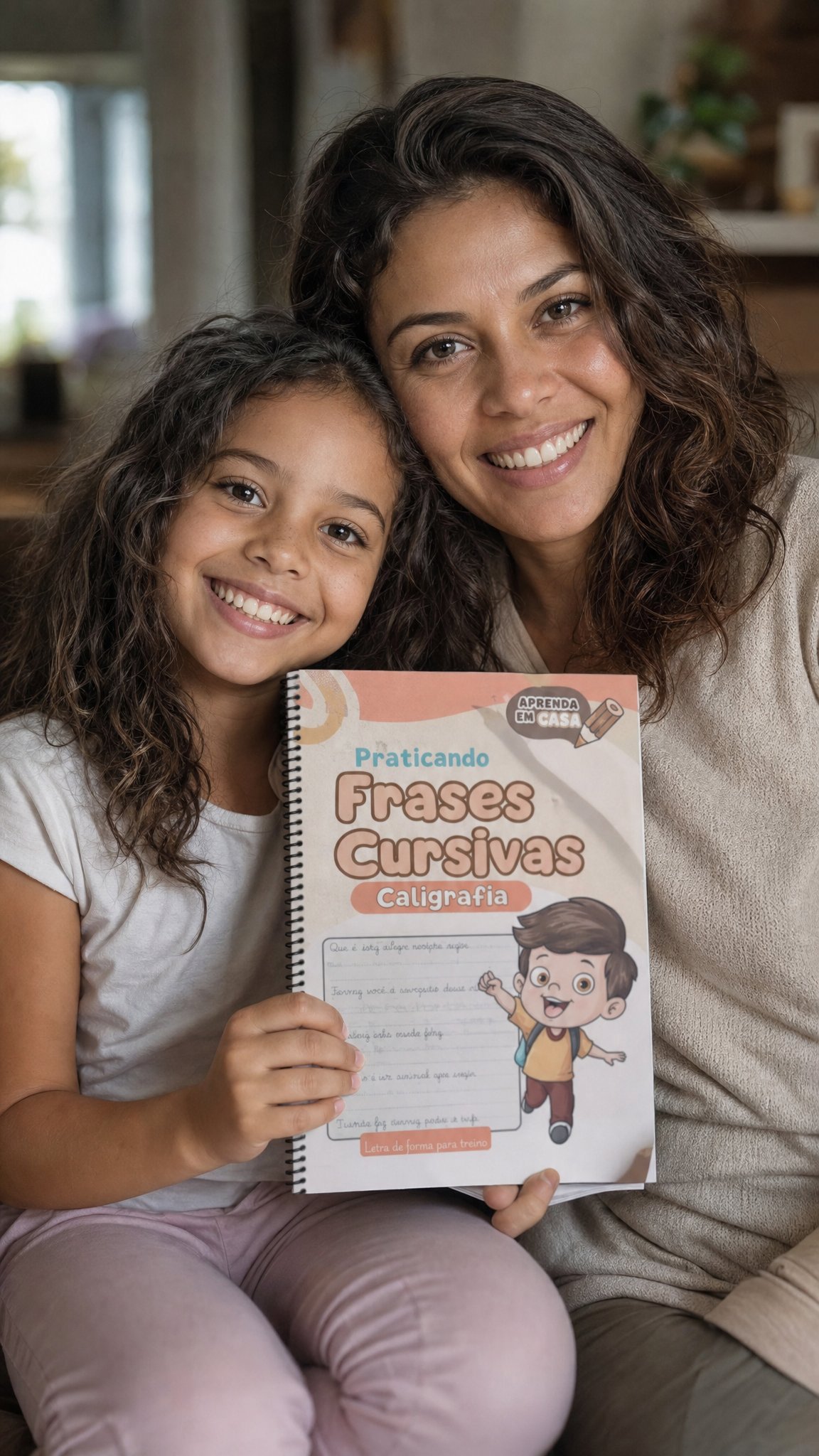 Mãe e filha praticando caligrafia